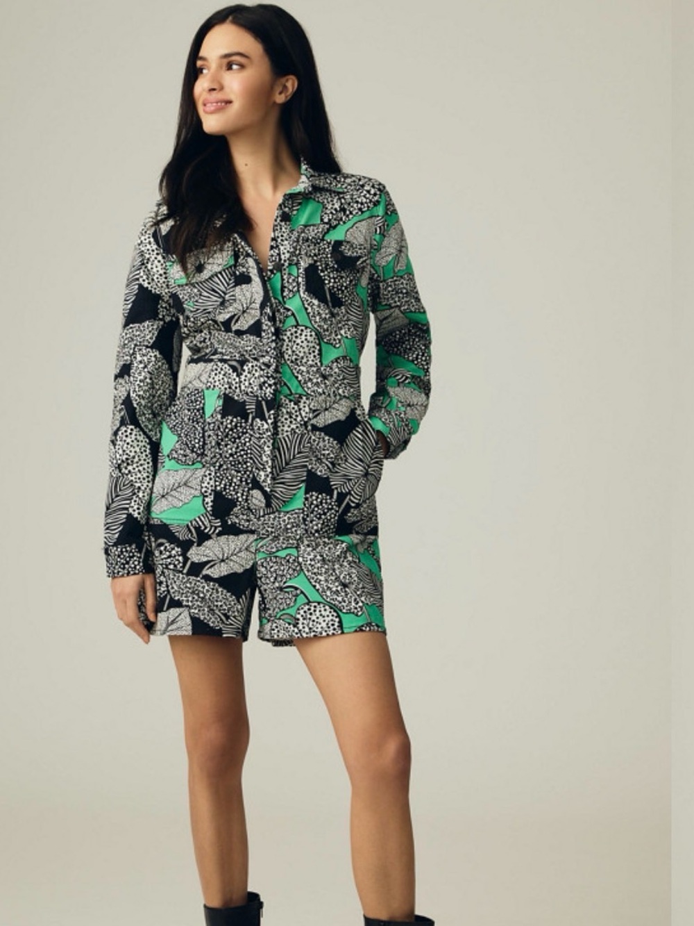 Anthropologie Farm Rio Black, White & Green Printed Short Jumpsuit Romper Size M